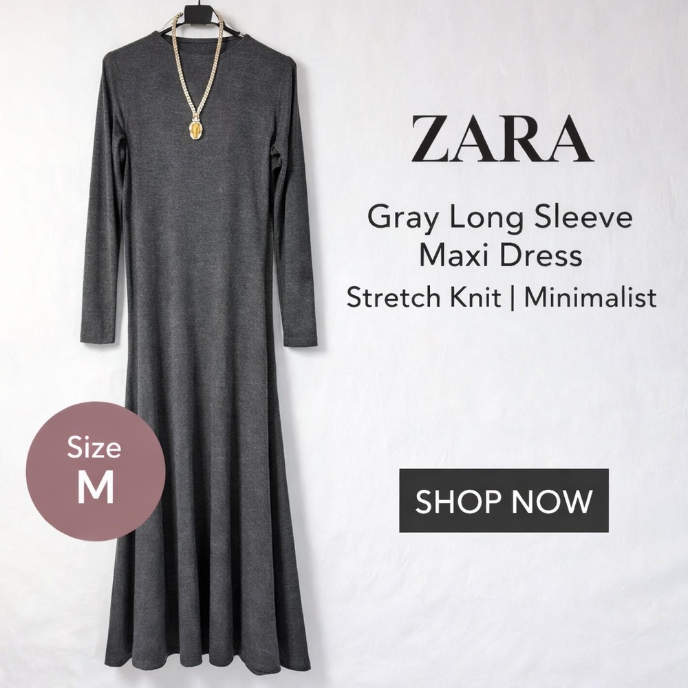 ZARA Gray Long Sleeve Maxi Dress Stretch Knit Minimalist M